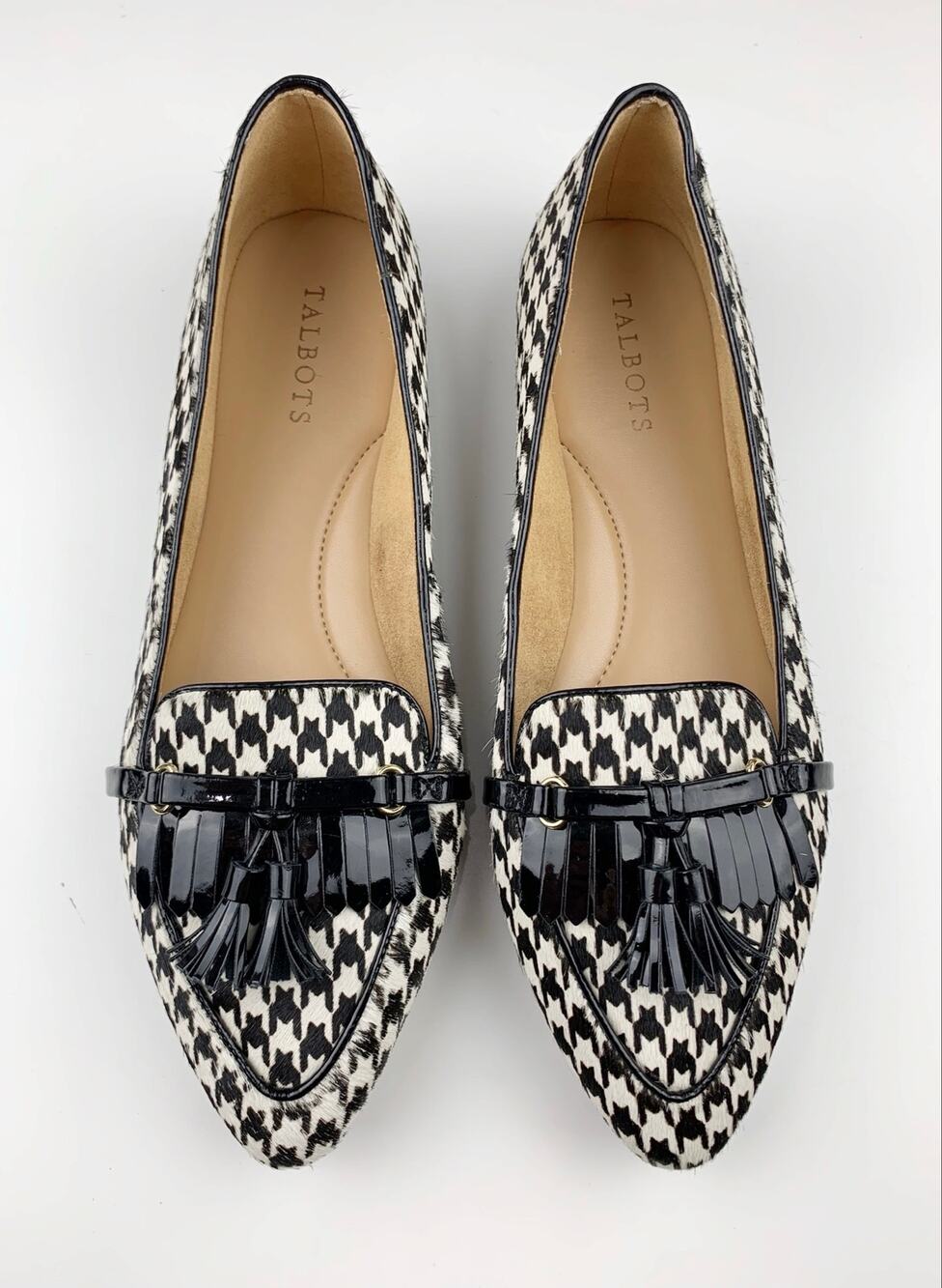 Talbots Flats Black White Houndstooth Calf Hair Tassel Fringe Shoes Women's 10